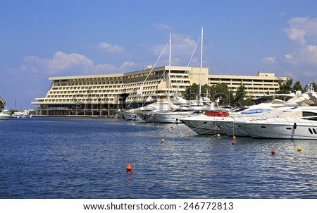 Sithonia, Greece - July 20, 2014: Yachts and Porto Carras Meliton. Largest private dock in northern Greece