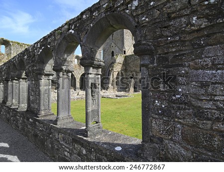 Thomastown, Ireland - August 22, 2014: Jerpoint Abbey is ruined Cistercian abbey near Thomastown, County Kilkenny, Ireland