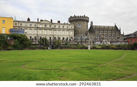 Dublin, Ireland - August 20, 2014: Dublin Castle, seen from the park to the south, outside the walls.
