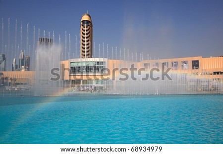 DUBAI, UAE - NOVEMBER 22: Burj Khalifa Performing Fountain, Dubai Mall and Lake Burj Dubai on November 22, 2010 in Dubai, UAE. Located on Downtown Burj Dubai.
