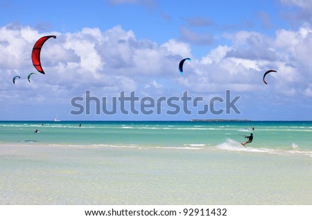 Kitesurfing on the coast of Cuba. Cayo Guillermo in Atlantic Ocean.