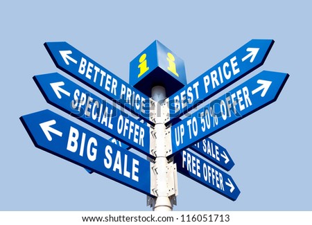 Big Sale, Better Price and Special Offer Directional Road Signs on Blue Sky