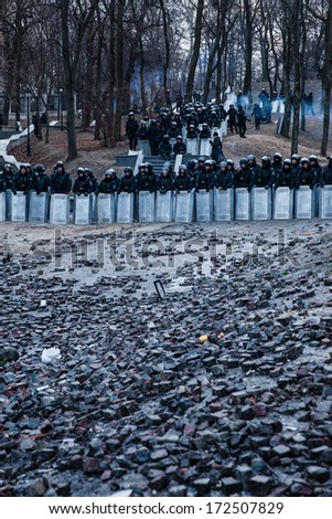 KIEV, UKRAINE - January 20, 2014: The morning after the violent confrontation and anti-government protests on the Hrushevskoho Street
