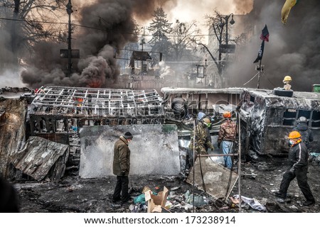 Kiev, Ukraine - Jan 25, 2014: Mass Anti-Government Protests In The Center Of Kiev. Barricades In The Conflict Zone On Hrushevskoho St.