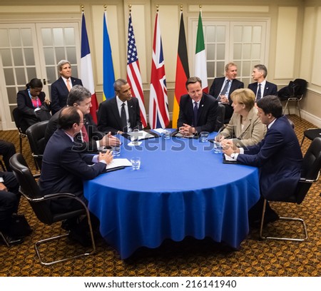 NEWPORT, WALES, UK - Sep 4, 2014:  French President  Hollande, President of Ukraine Poroshenko, US President Obama, British Prime Minister Cameron and German Chancellor Merkel during at NATO summit