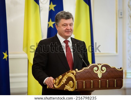 KIEV, UKRAINE - Sep 12, 2014: President of Ukraine Petro Poroshenko during an official meeting with European Commission President Jose Manuel Barroso in Kiev