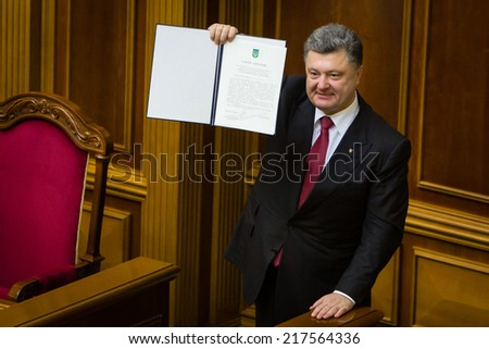 KIEV, UKRAINE - Sep 16, 2014: President of Ukraine Petro Poroshenko after the signing of the law on the ratification of the Association Agreement between Ukraine and the EU