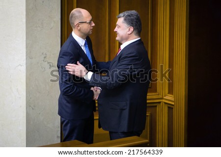 KIEV, UKRAINE - Sep 16, 2014: President of Ukraine Petro Poroshenko and Prime Minister Yatsenyuk after signing the law on ratification of the Association Agreement between Ukraine and the EU