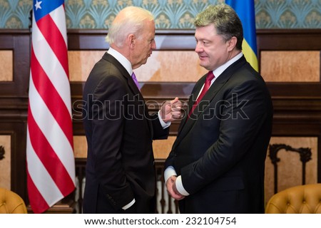 KIEV, UKRAINE - NOV 21, 2014: President of Ukraine  Petro Poroshenko and vice president of USA Joe Biden during their meeting in Kiev
