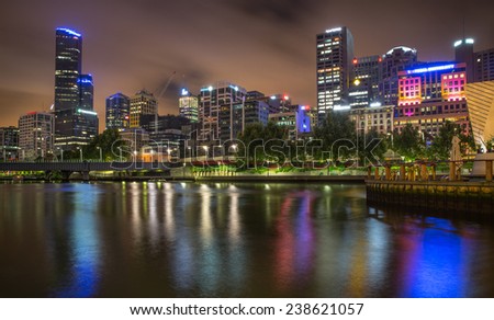 MELBOURNE, AUSTRALIA - DECEMBER 10, 2014: Melbourne skyline along the Yarra River at dusk. Melbourne is the capital of the state of Victoria, and the second most populous city in Australia
