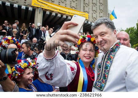 MELBOURNE, AUSTRALIA - DECEMBER 11, 2014: Australia's Ukrainians Welcome the President of Ukraine. President Poroshenko is photographed and communicates with representatives of Ukrainian community