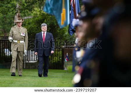 CANBERRA, AUSTRALIA - DECEMBER 11, 2014: Guard of honor during an official welcoming ceremony of President of Ukraine Petro Poroshenko and Governor-General of Australia, Peter John Cosgrove