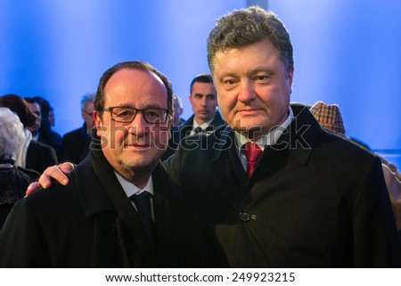 AUSHWITZ, OSWIECIM, POLAND - Jan 27, 2015: President of Ukraine Poroshenko and French President Francois Hollande during events dedicated 70th anniversary of the liberation of Auschwitz-Birkenau