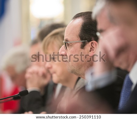 KIEV, UKRAINE - Feb 5, 2015: French President Francois Hollande and Chancellor of the Federal Republic of Germany Angela Merkel during a meeting with the President of Ukraine, Pyotr Poroshenko