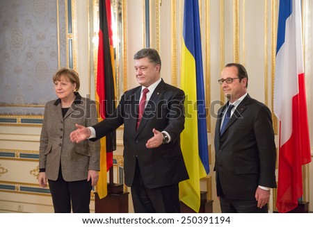 KIEV, UKRAINE - Feb 5, 2015: President of Ukraine Petro Poroshenko during an official meeting with French President Francois Hollande and Chancellor of the Federal Republic of Germany Angela Merkel