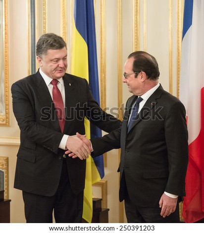 KIEV, UKRAINE - Feb 5, 2015: President of Ukraine Petro Poroshenko during an official meeting with the President of the French Republic Francois Hollande