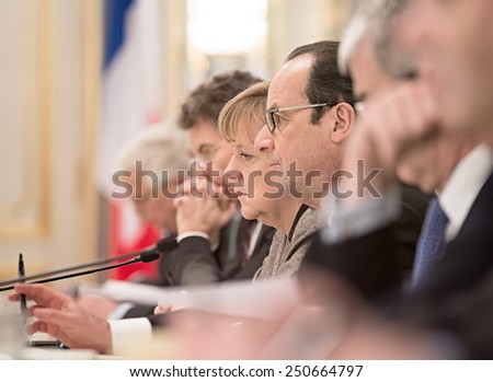 KIEV, UKRAINE - Feb 5, 2015: French President Francois Hollande and Chancellor of the Federal Republic of Germany Angela Merkel during a meeting with the President of Ukraine, Pyotr Poroshenko