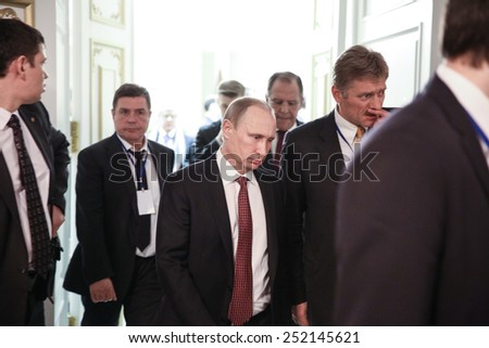 MINSK, BELARUS - Feb 12, 2015: Russian President Vladimir Putin and the Russian delegation after the talks of leaders of in the Norman format in Minsk