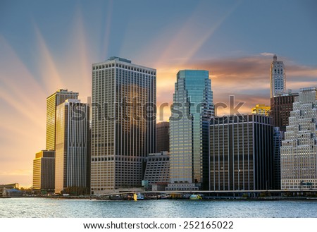 Modern architecture of Manhattan. Sunset in New York City.