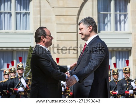 PARIS, FRANCE - Apr 22, 2015: President of Ukraine Petro Poroshenko and French President Francois Hollande during an official meeting in Paris