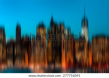 Blurred city background. Manhattan at night with lights and reflections. New York City skyline