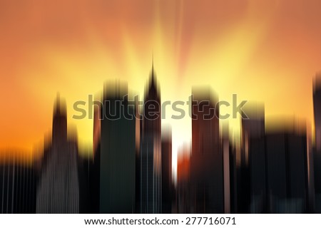 Blurred city background. Silhouettes of Manhattan. Sunset in New York City.