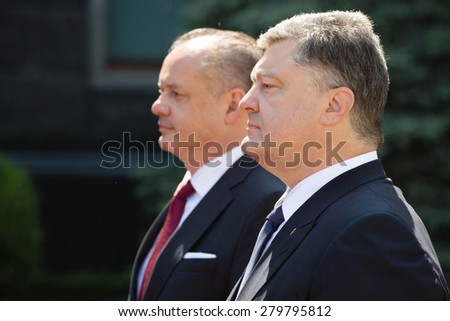 KIEV, UKRAINE - May 20, 2015: President of Ukraine Petro Poroshenko (R) and the President of the Slovak Republic Andrej Kiska during the official meeting in Kiev