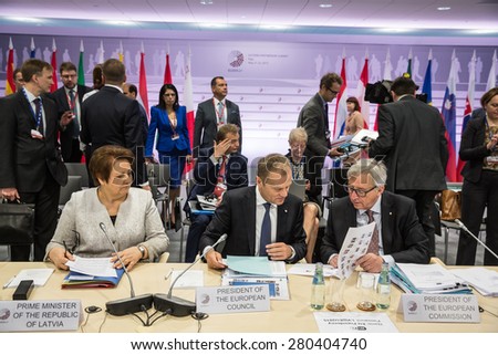 RIGA, LATVIA - May 22, 2015: Eastern Partnership Sammit. President of the European council Donald Tusk and President of the European commission Jean-Claude Juncker