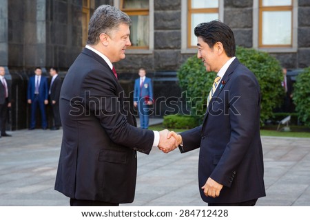 KIEV, UKRAINE - Jun 06, 2015: Japanese Prime Minister Shinzo Abe during his meeting with President of Ukraine Petro Poroshenko in Kiev. Official meeting