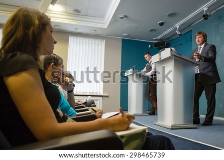 KIEV, UKRAINE - JUL 21, 2015: Administration of the President of Ukraine. Representative of President of Ukraine in the Cabinet of Ministers of Ukraine Alexander Danyluk at briefing with journalists
