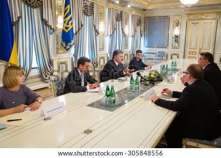 KIEV, UKRAINE - Aug 13, 2015: President of Ukraine Petro Poroshenko during an official meeting with the Minister of Foreign Affairs of the Republic of Lithuania Linas Linkevicius