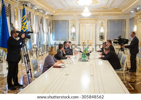 KIEV, UKRAINE - Aug 13, 2015: President of Ukraine Petro Poroshenko during an official meeting with the Minister of Foreign Affairs of the Republic of Lithuania Linas Linkevicius