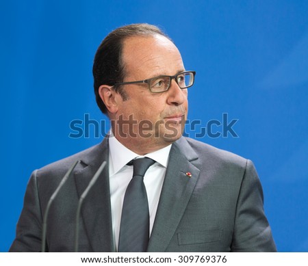 BERLIN, GERMANY - Aug 24, 2015: French President Francois Hollande during his meeting with German Chancellor Angela Merkel and the President of Ukraine Petro Poroshenko