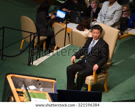 NEW YORK, USA - Sep 28, 2015: President of the People\'s Republic of China Xi Jinping  at the opening of the 70th session of the General Assembly of the United Nations Organization in New York