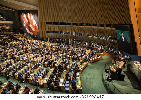 NEW YORK, USA - Sep 28, 2015: President of the People\'s Republic of China Xi Jinping  speaks at the opening of the 70th session of the General Assembly of the United Nations Organization in New York