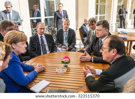 PARIS, FRANCE - Oct 02, 2015: German Chancellor Merkel, Russian President Vladimir Putin, President Ukraine Petro Poroshenko and French President Francois Hollande on the meeting in Normandy format