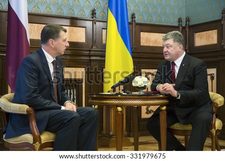 KIEV, UKRAINE - Oct 27, 2015: The official visit of the President of Latvia Raimonds Vejonis to Ukraine. The welcoming ceremony with the participation of the President of Ukraine Petro Poroshenko
