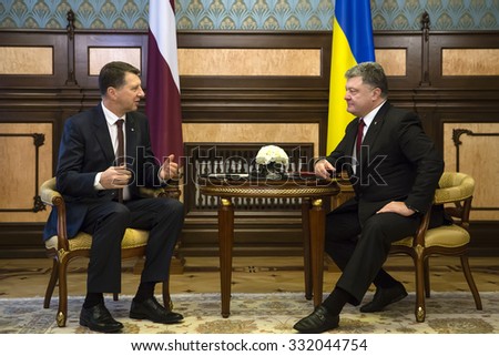 KIEV, UKRAINE - Oct 27, 2015: President of Ukraine Petro Poroshenko and the president of the Republic of Latvia Raimonds Vejonis during an official meeting in Kiev