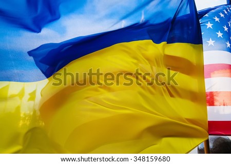 KIEV, UKRAINE - Dec 07, 2015: National flags of Ukraine and the United States during the official visit of USA Vice President Joe Biden to Ukraine