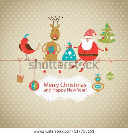 Greeting card Christmas card with Santa Claus deer and little bird Greeting card Christmas card with Santa Claus deer and little bird