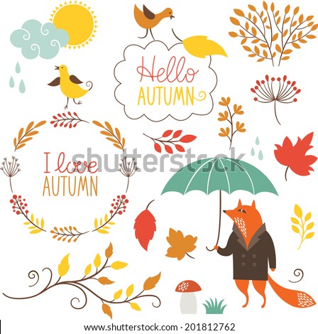 set of cartoon characters and autumn elements set of cartoon characters and autumn elements