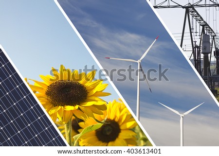 Renewable energies concept collage with solar panel wind mills sun flowers and electrical energy infrastucture