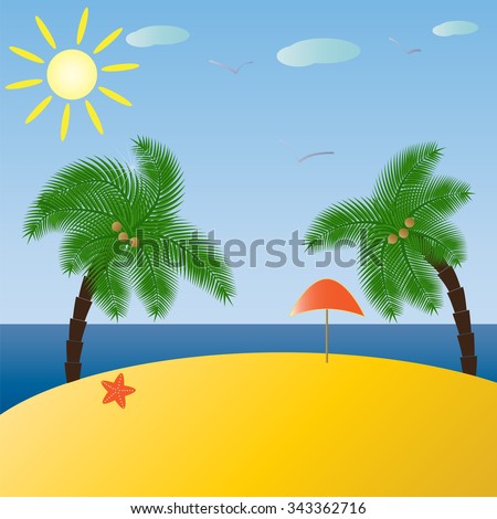 Tropical landscape . Sea, sun , beach and palms. vector illustration
