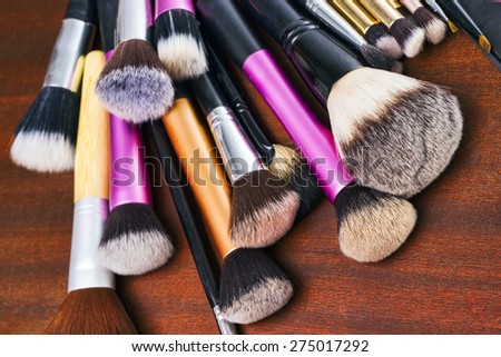 Makeup tools, brushes and eye shadows