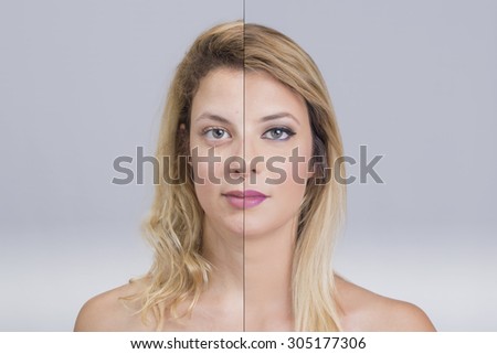 Blonde woman before and after makeup
