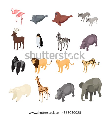 Isometric wild animals isolated on white background. Set of wild animals from various climatic zones. Vector illustration.