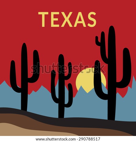Wild desert with cactus. Illustration of desert in the sunshine. Western Desert Landscape on beige background. Desert design elements with the sun and the mountains. Sunrise in the desert