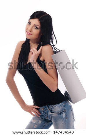 a woman in a dark blouse holding a package, isolated background