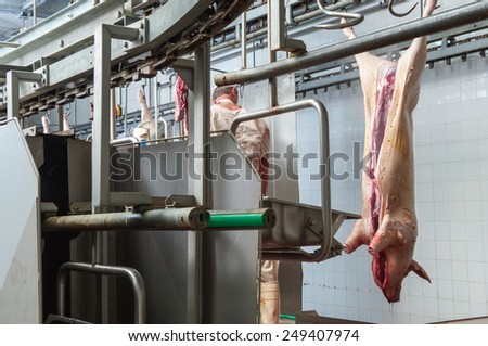 butcher in meat industry interior, factory for production of sausages and other meat products