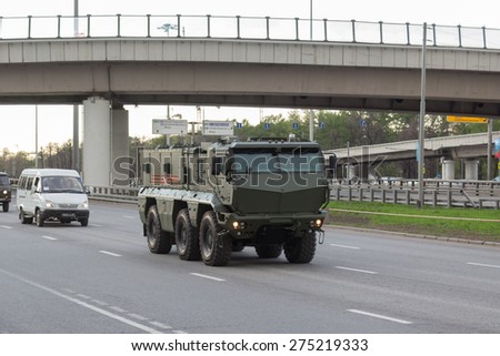 MOSCOW - MAY 4, 2015: Military vehicles on Leningradsky Prospekt in rehearsal for the Victory Day parade